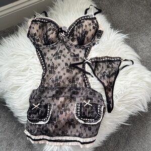 Victoria’s Secret Black & Pink Sexy French Maid Lace Lingerie Set